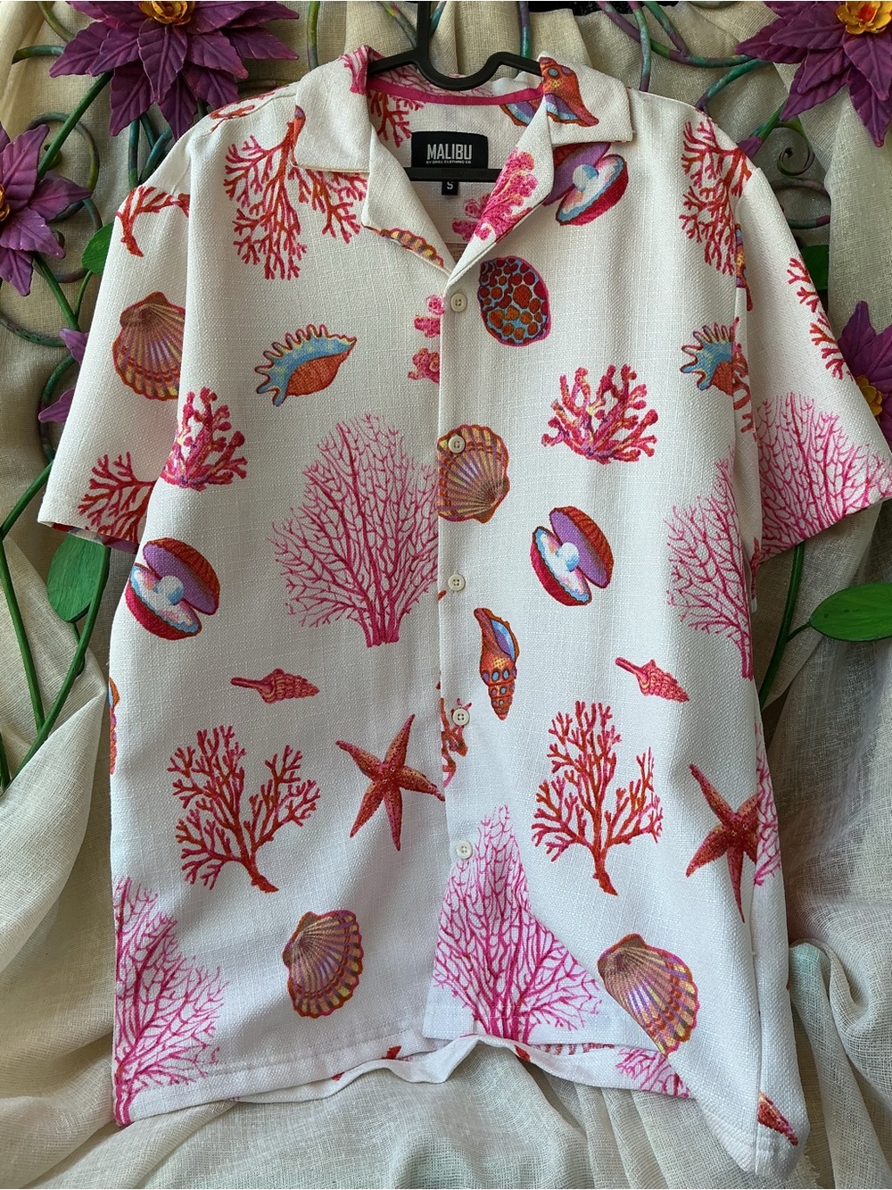 Malibu White Shirt with Pink & Coral Seashell Print